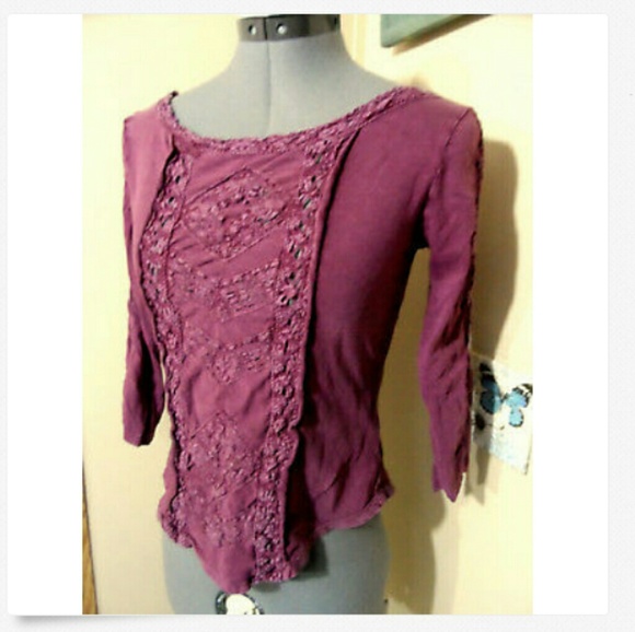 FREE PEOPLE Top XS Faded Wine lacey front T-shirt - Picture 3 of 6